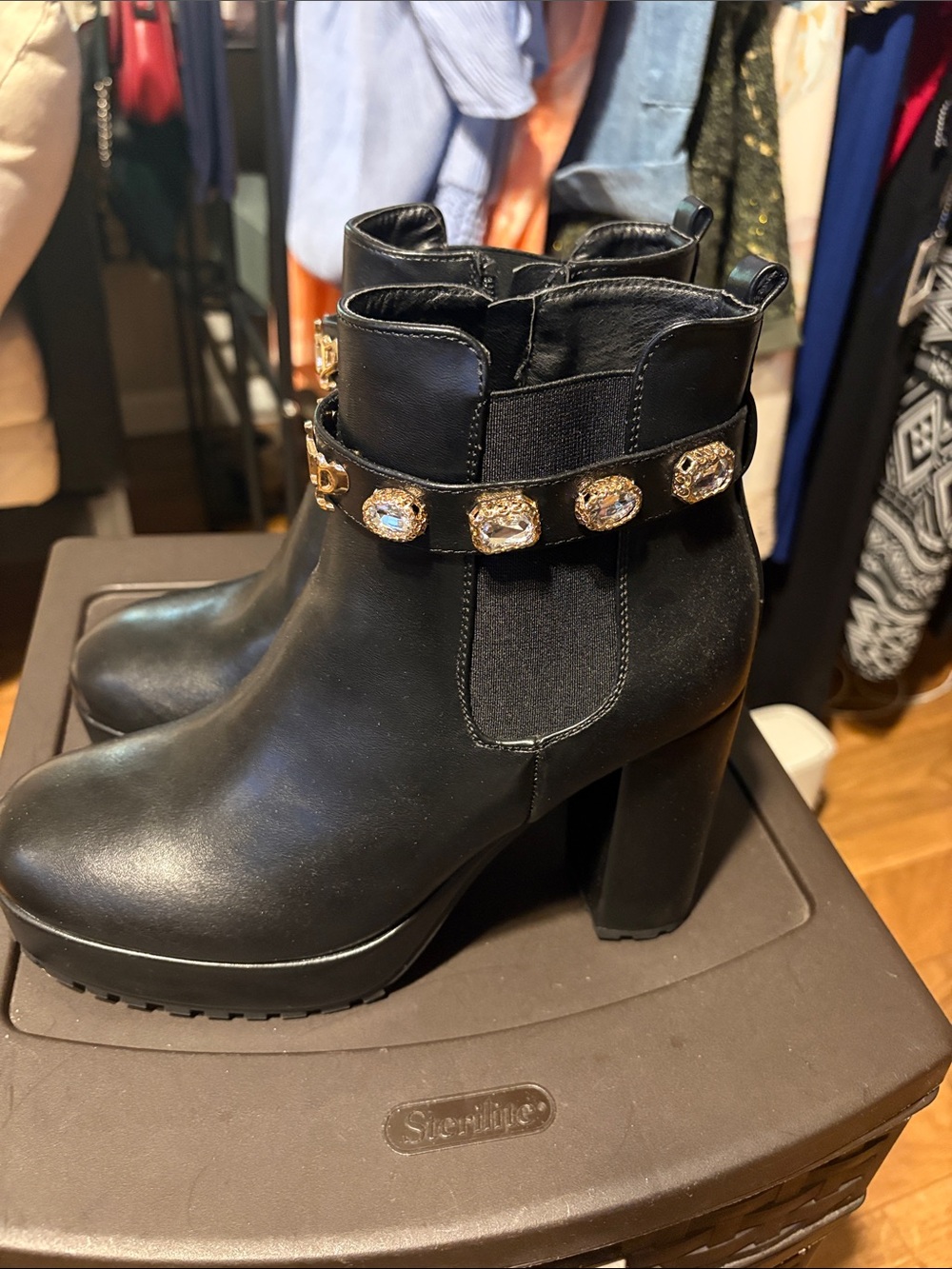 Juicy Couture Black Ankle Booties with Gold Accents